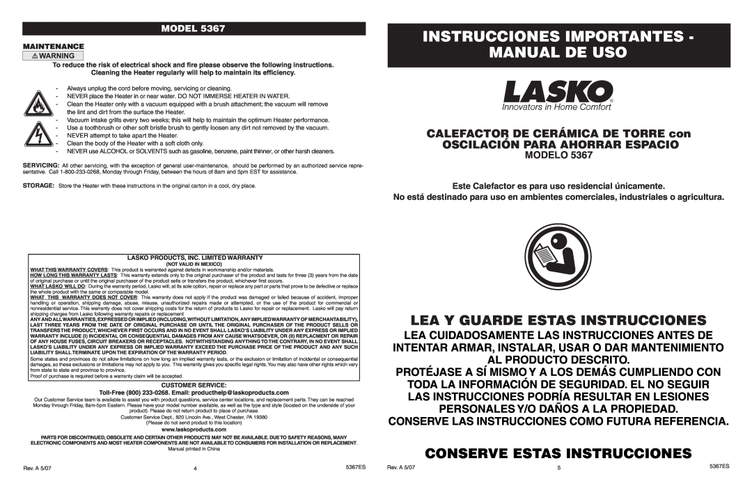 Lasko 5367 Instrucciones Importantes Manual De Uso, Lea Y Guarde Estas Instrucciones, Conserve Estas Instrucciones, Modelo 
