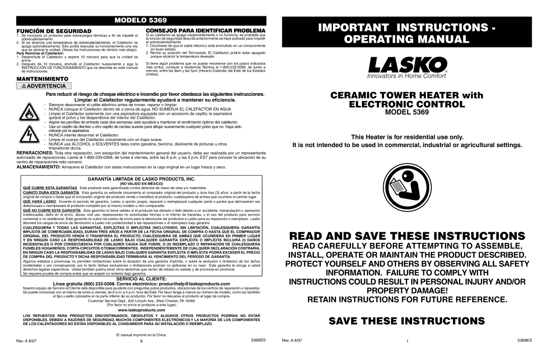 Lasko 5369 manual Important Instructions, Operating Manual, Función DE Seguridad 