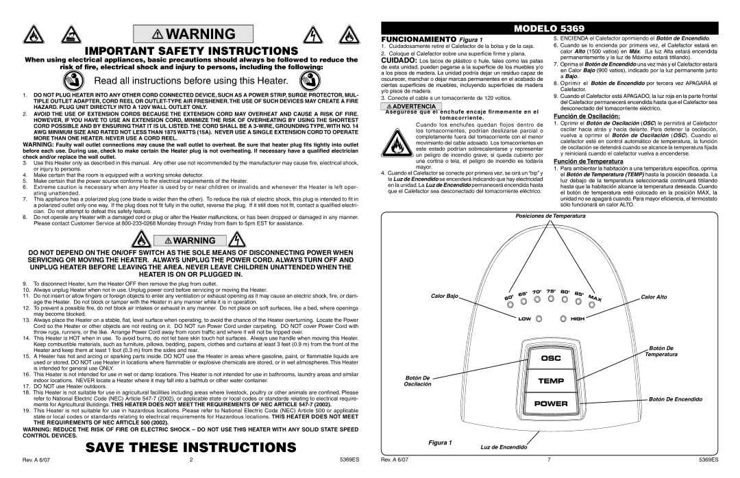 Lasko 5369 manual Función de Oscilación, Función de Temperatura 