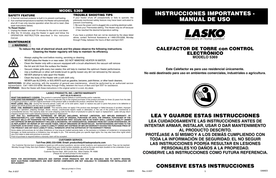 Lasko 5369 manual Instrucciones Importantes, Manual DE USO, Safety Feature, Maintenance Trouble Shooting Tips 