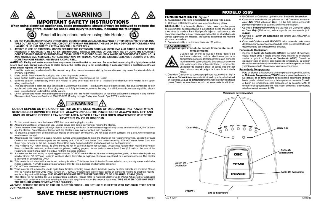 Lasko 5369 Save These Instructions, Important Safety Instructions, Read all instructions before using this Heater, Modelo 