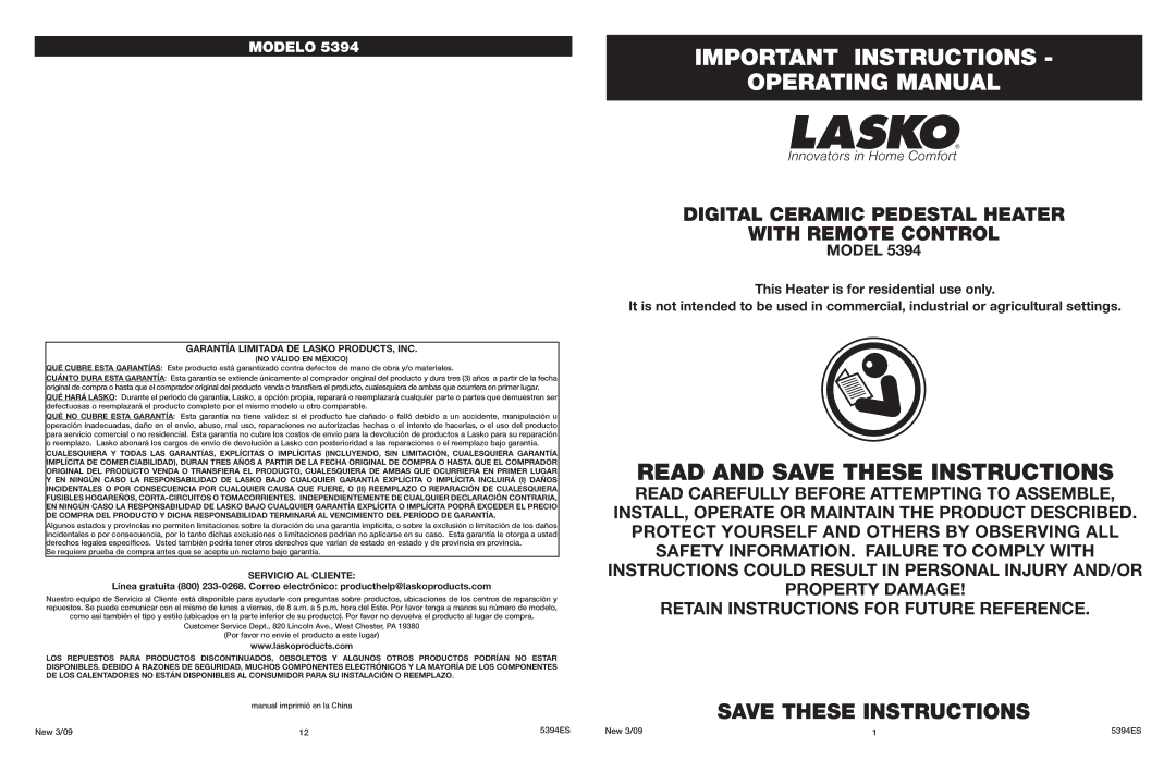 Lasko 5394 manual Important Instructions Operating Manual, Garantía Limitada DE Lasko PRODUCTS, INC, Servicio AL Cliente 