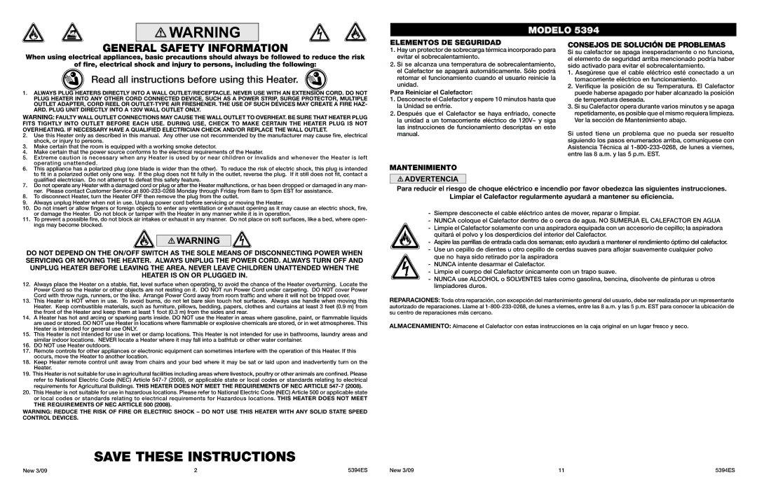 Lasko 5394 manual General Safety Information, Read all instructions before using this Heater, Elementos DE Seguridad 