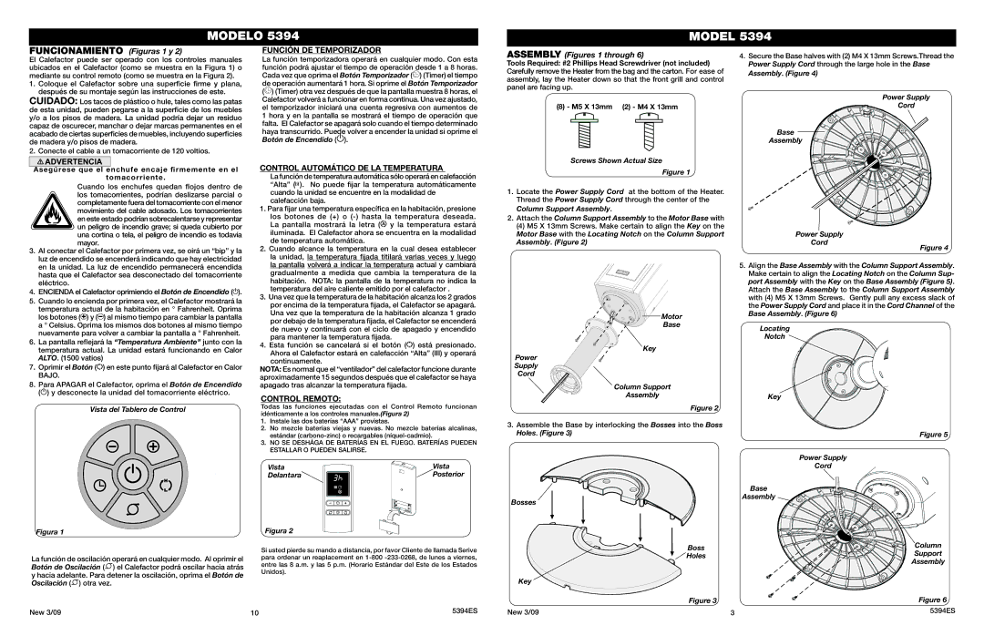 Lasko 5394 manual Función DE Temporizador, Assembly Figures 1 through, Control Automático DE LA Temperatura, Control Remoto 