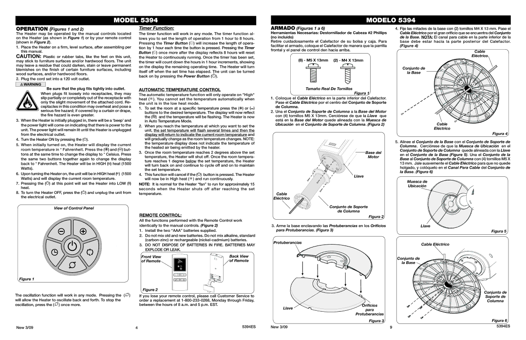 Lasko 5394 manual Operation Figures 1, Automatic Temperature Control, Armado Figuras 1 a, Remote Control 