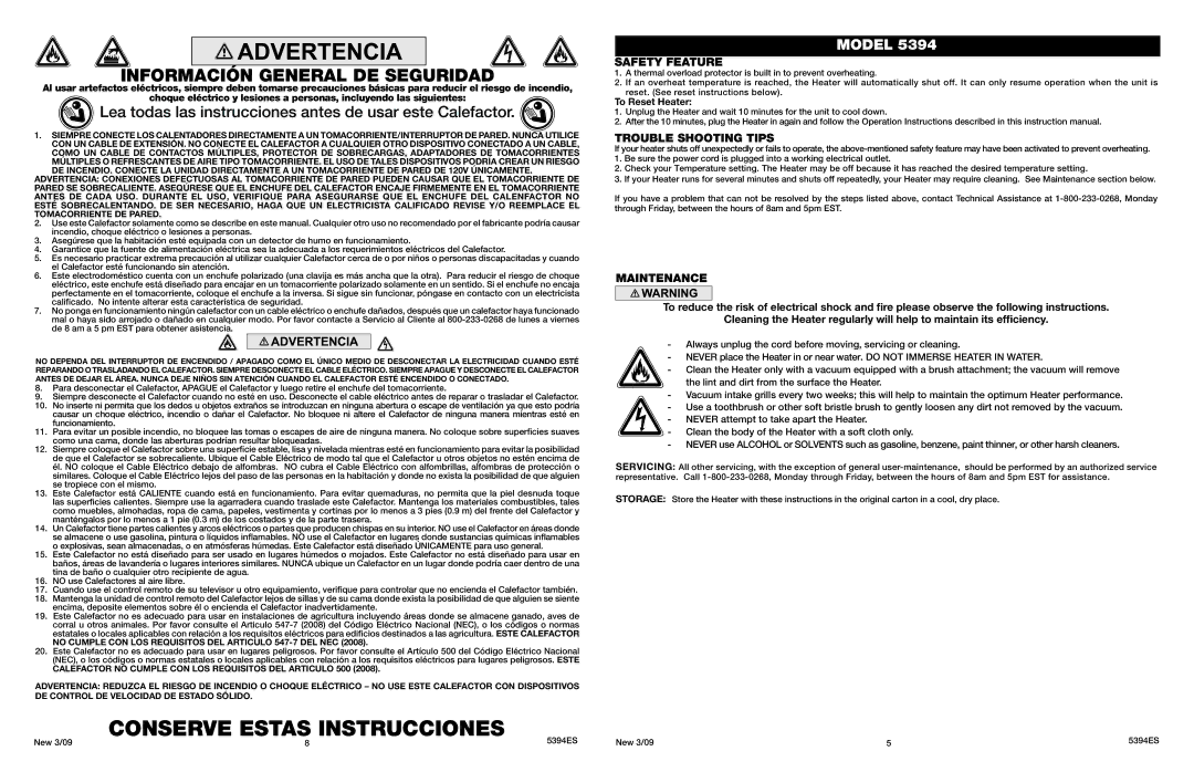 Lasko 5394 manual Conserve Estas Instrucciones, Información General DE Seguridad 