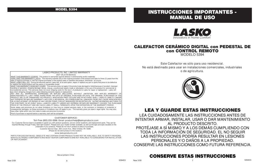 Lasko 5394 manual Instrucciones Importantes Manual DE USO, LEA Y Guarde Estas Instrucciones, Customer Service 