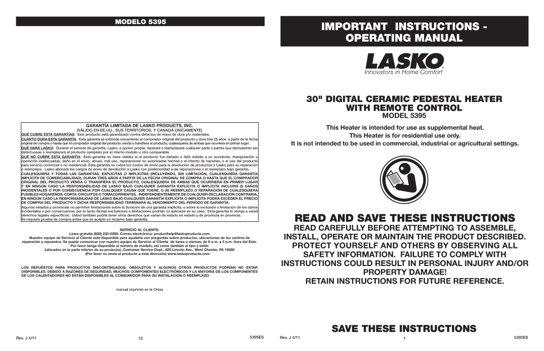 Lasko manual Important Instructions Operating Manual, Garantía Limitada DE Lasko PRODUCTS, INC, Rev. J 4/11 5395ES 