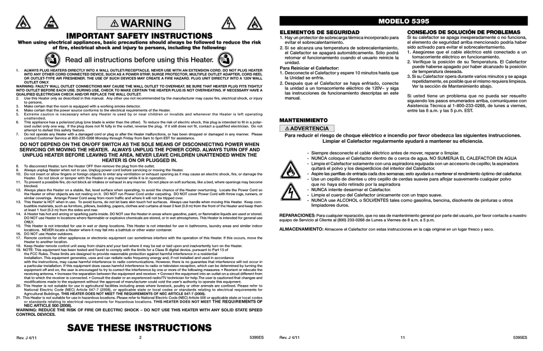 Lasko 5395 manual Important Safety Instructions, Read all instructions before using this Heater, Elementos DE Seguridad 