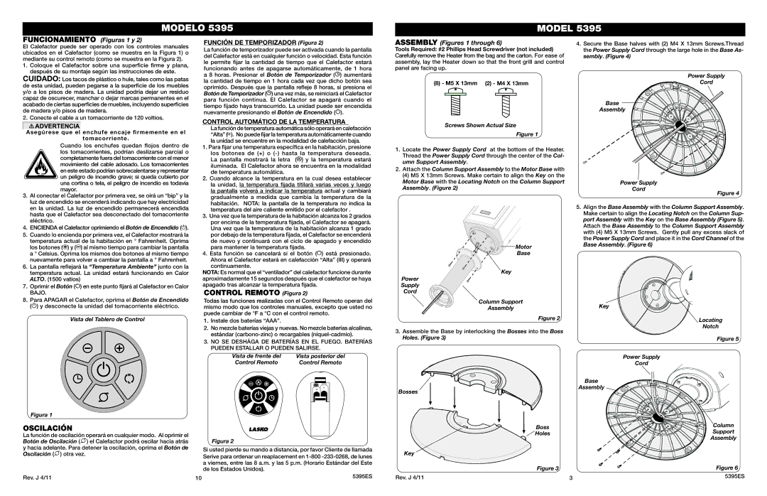 Lasko 5395 manual Funcionamiento Figuras 1 y, Control Remoto Figura, Oscilación, Assembly Figures 1 through 