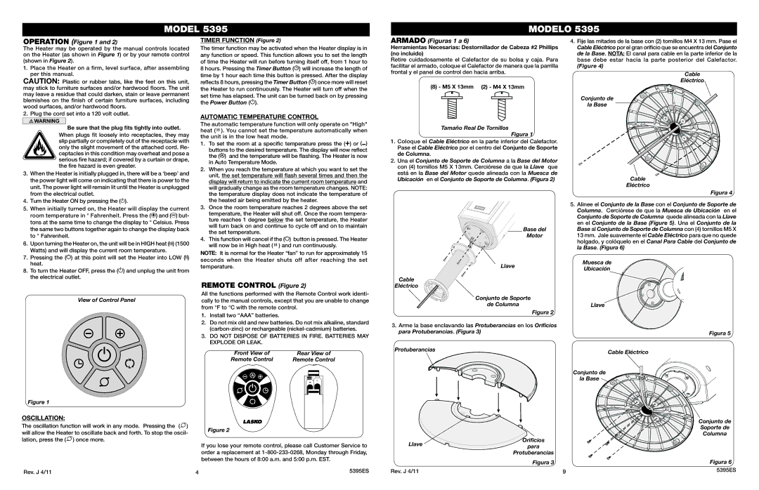 Lasko 5395 manual Remote Control Figure, Operation, Automatic Temperature Control, Armado Figuras 1 a, Oscillation 