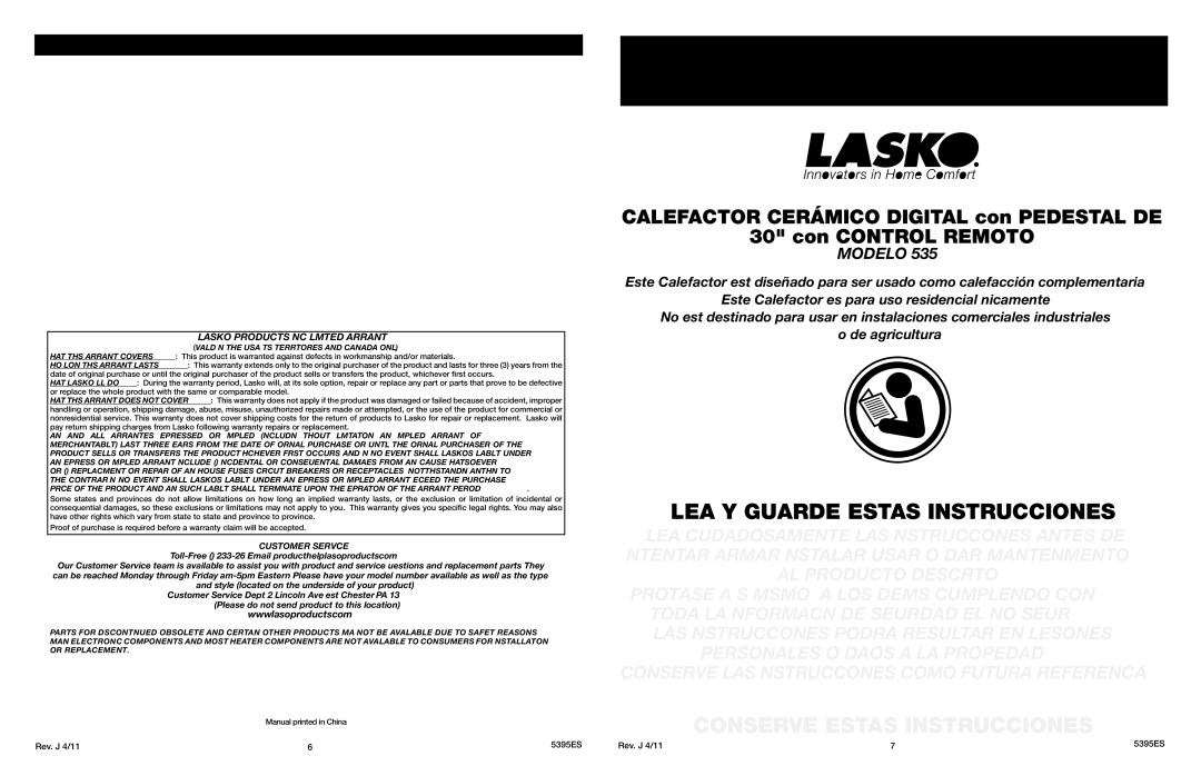 Lasko 5395 manual Instrucciones Importantes Manual DE USO, LEA Y Guarde Estas Instrucciones 