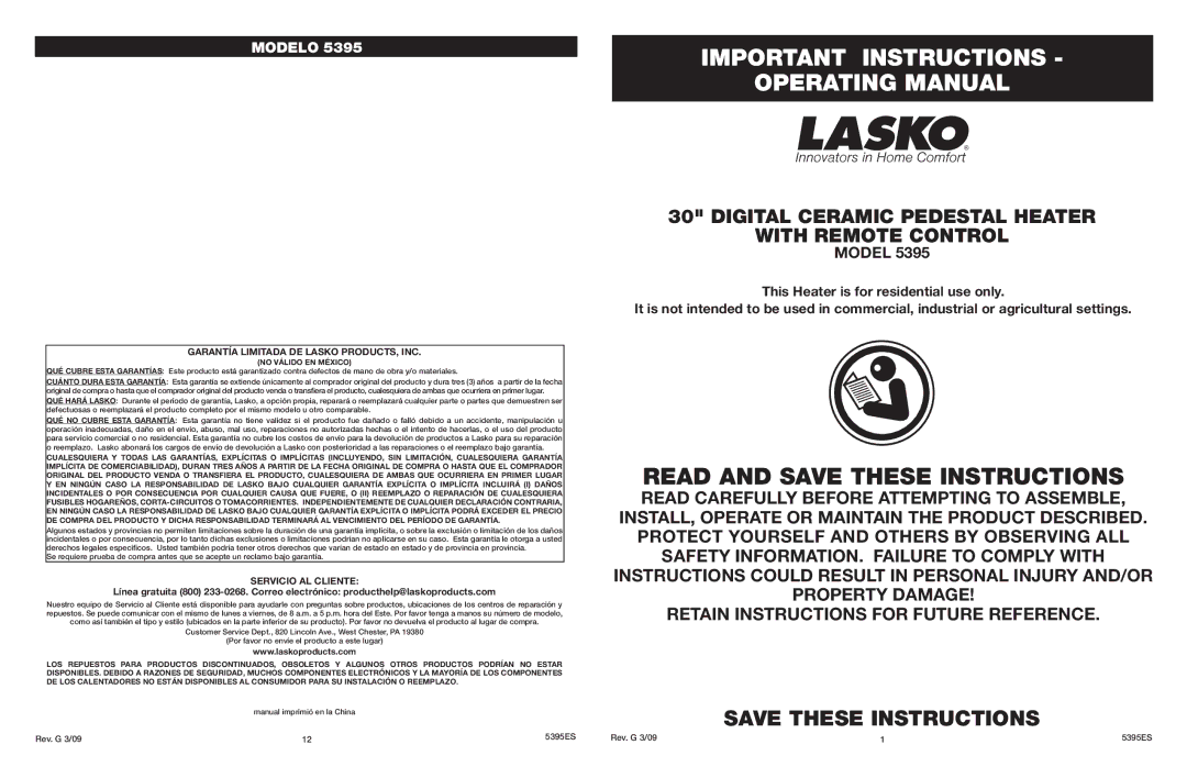 Lasko 5395 manual Important Instructions Operating Manual, Garantía Limitada DE Lasko PRODUCTS, INC, Servicio AL Cliente 