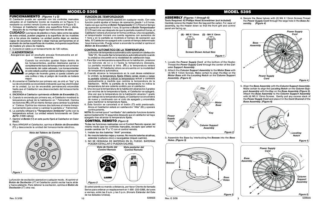 Lasko 5395 manual Funcionamiento Figuras 1 y, Control Remoto Figura, Función DE Temporizador, Assembly Figures 1 through 