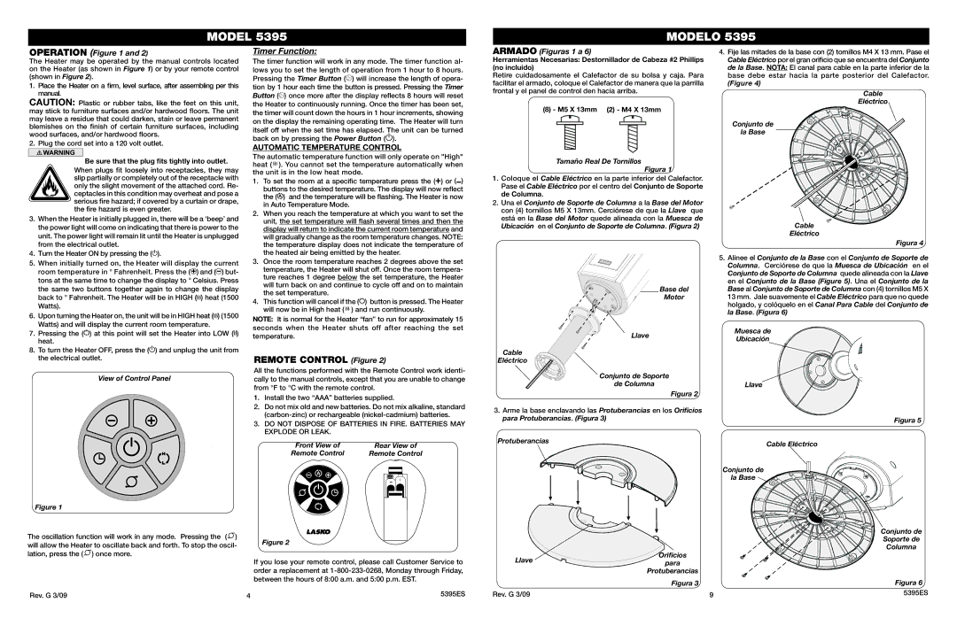 Lasko 5395 manual Remote Control Figure, Operation, Automatic Temperature Control, Armado Figuras 1 a 