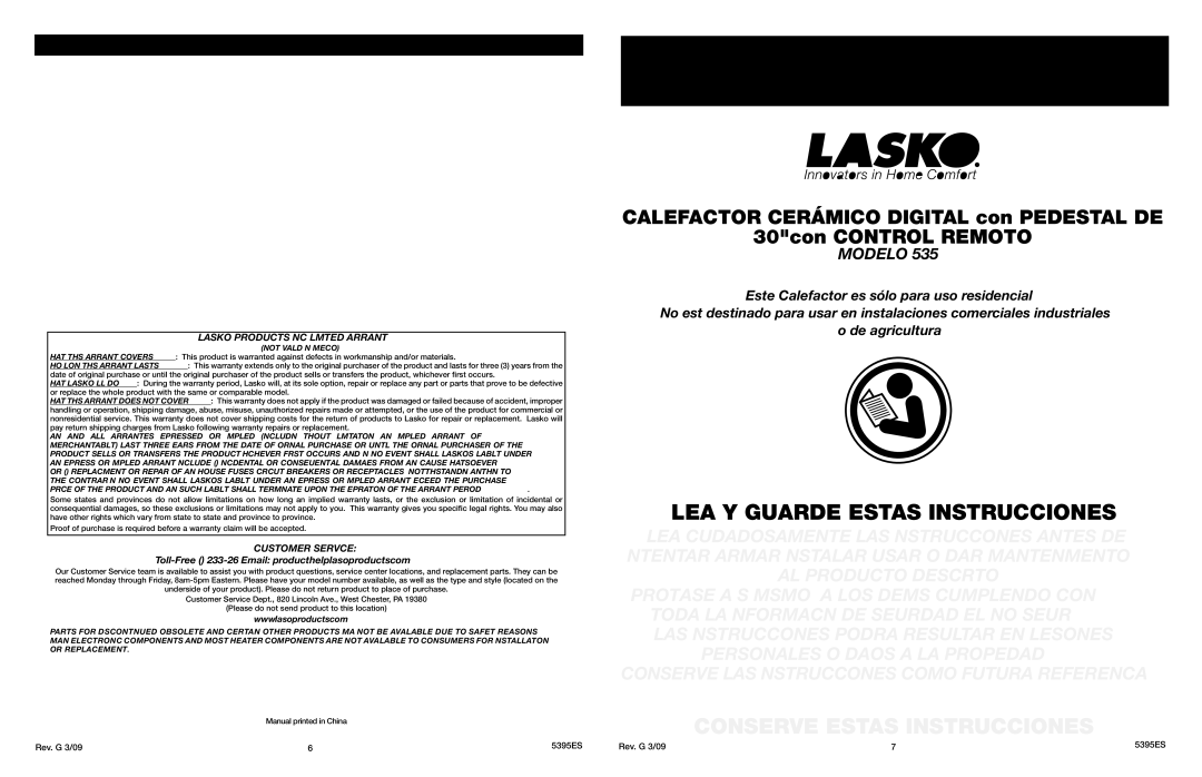 Lasko 5395 manual Instrucciones Importantes Manual DE USO, LEA Y Guarde Estas Instrucciones, Customer Service 