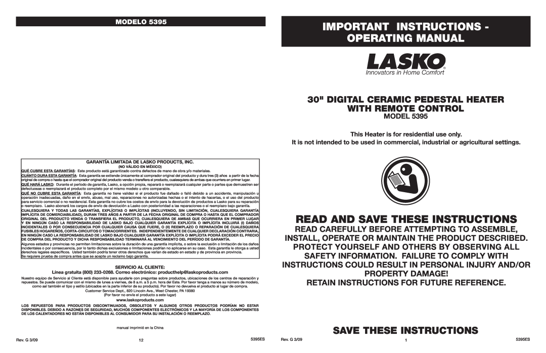 Lasko 5395 manual Important Instructions Operating Manual, Read And Save These Instructions, Modelo 