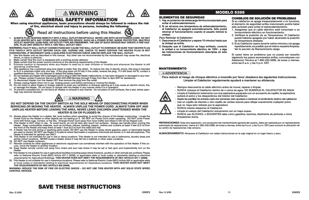 Lasko 5395 manual Save These Instructions, Read all instructions before using this Heater, Modelo, Elementos De Seguridad 