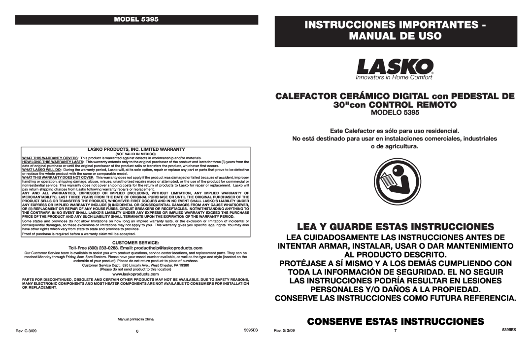 Lasko 5395 manual Instrucciones Importantes Manual De Uso, Lea Y Guarde Estas Instrucciones, Conserve Estas Instrucciones 