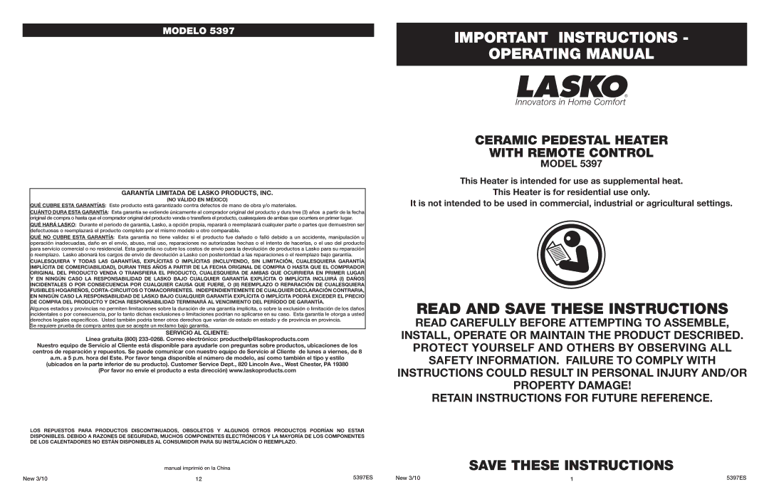 Lasko 5397 manual Important Instructions Operating Manual, Garantía Limitada DE Lasko PRODUCTS, INC, Servicio AL Cliente 