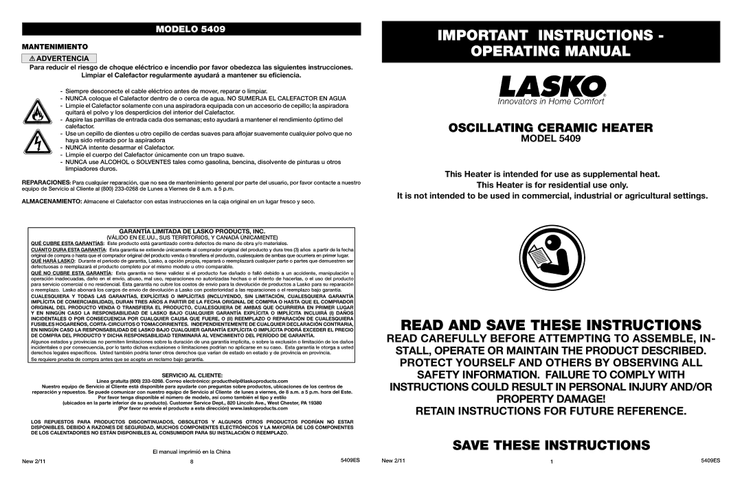 Lasko 5409 manual Mantenimiento, Servicio AL Cliente 