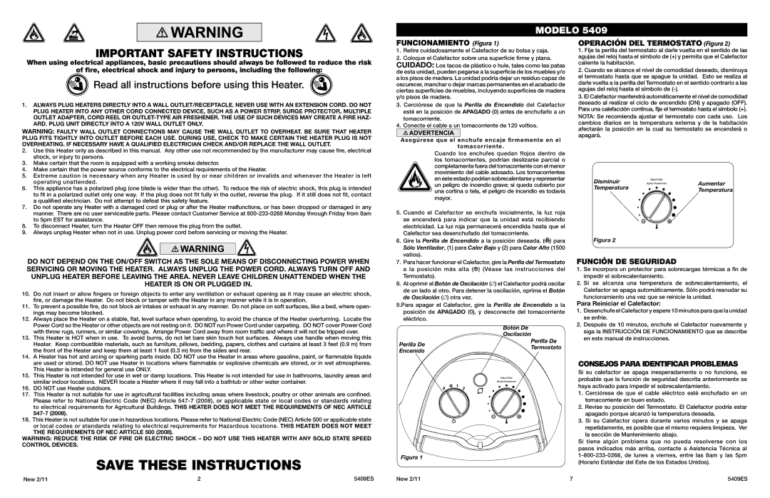 Lasko 5409 Important Safety Instructions, Funcionamiento Figura, Operación DEL Termostato Figura, Función DE Seguridad 