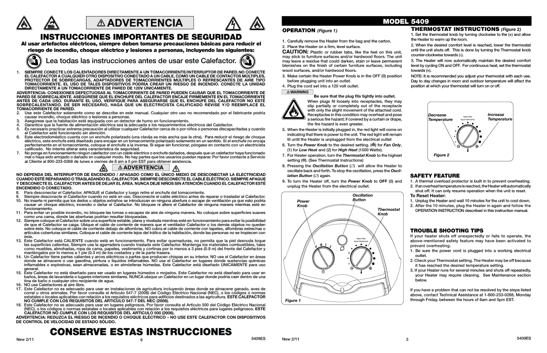 Lasko 5409 manual Instrucciones Importantes DE Seguridad, Operation Figure, Thermostat Instructions Figure, Safety Feature 