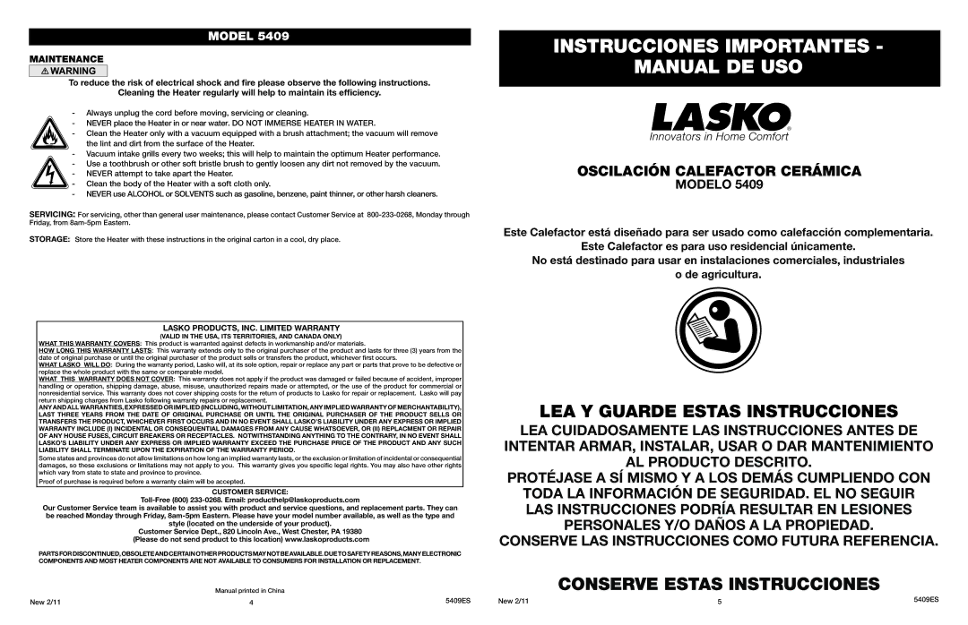 Lasko 5409 manual Oscilación Calefactor Cerámica, Maintenance, Customer Service 