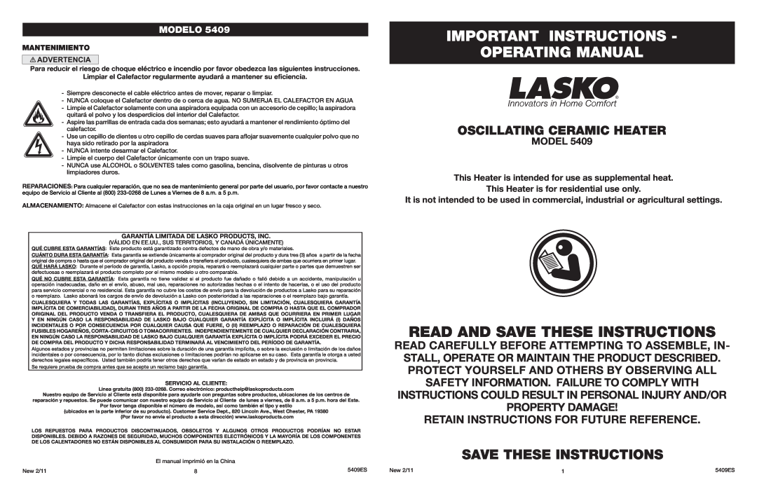 Lasko 5409 manual Important Instructions Operating Manual, Save These Instructions, Modelo, Mantenimiento 