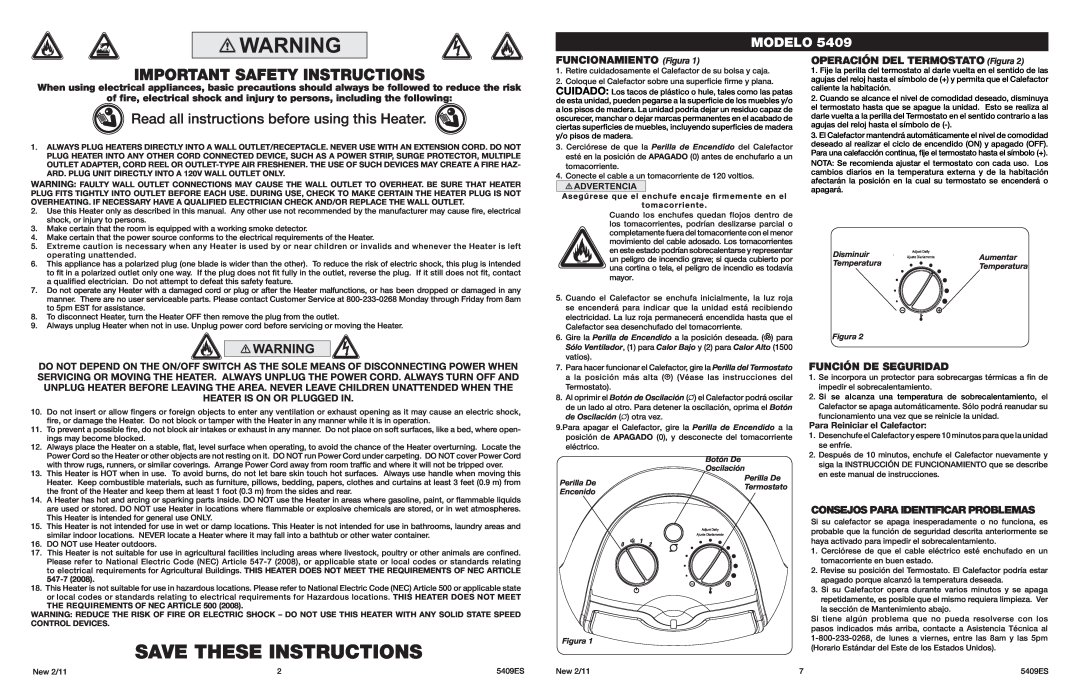 Lasko 5409 Important Safety Instructions, Read all instructions before using this Heater, FUNCIONAMIENTO Figura, Modelo 