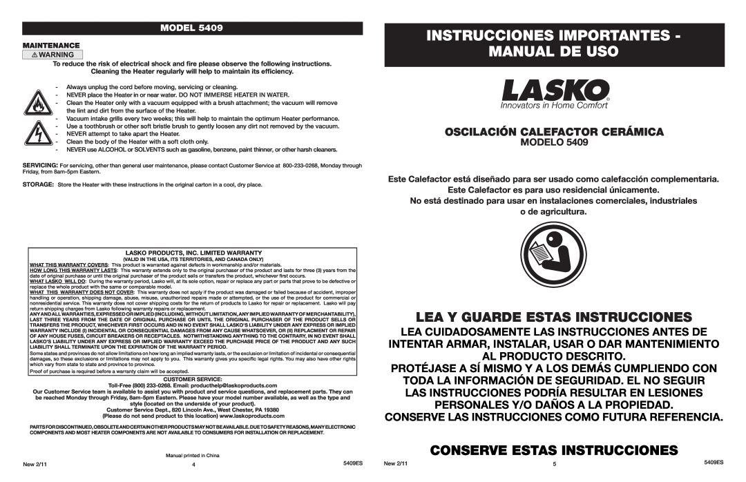Lasko 5409 manual Instrucciones Importantes Manual De Uso, Lea Y Guarde Estas Instrucciones, Oscilación Calefactor Cerámica 