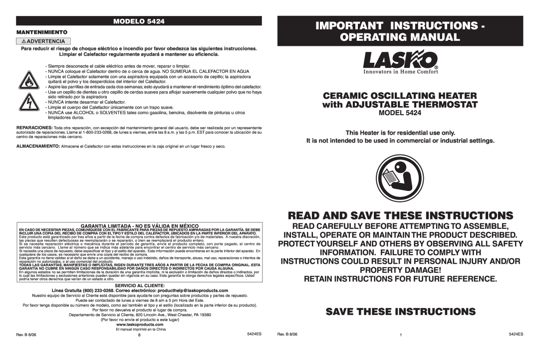 Lasko 5424 manual Important Instructions Operating Manual, Read And Save These Instructions, Modelo, Mantenimiento 