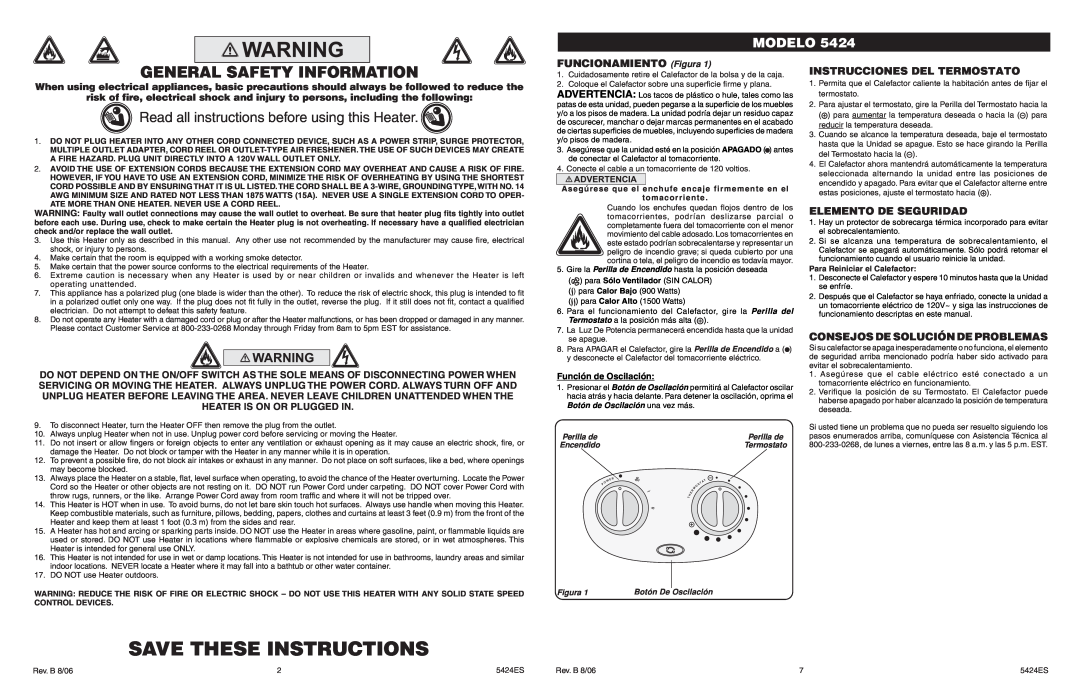 Lasko 5424 manual Save These Instructions, Read all instructions before using this Heater, Modelo, FUNCIONAMIENTO Figura 