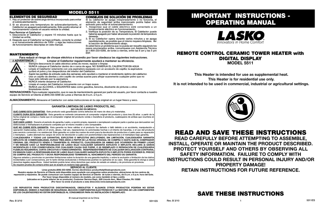 Lasko 5511 manual Important Instructions, Operating Manual, Digital Display, Elementos DE Seguridad 