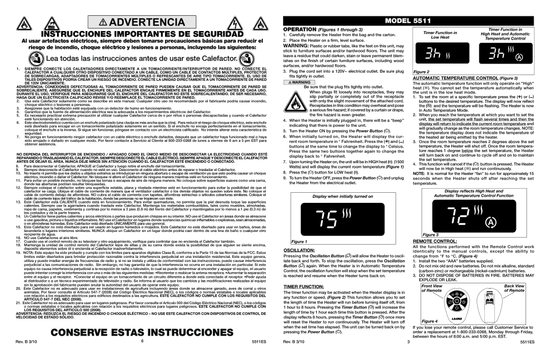 Lasko 5511 manual Instrucciones Importantes DE Seguridad, Oscillation, Remote Control, Timer Function 