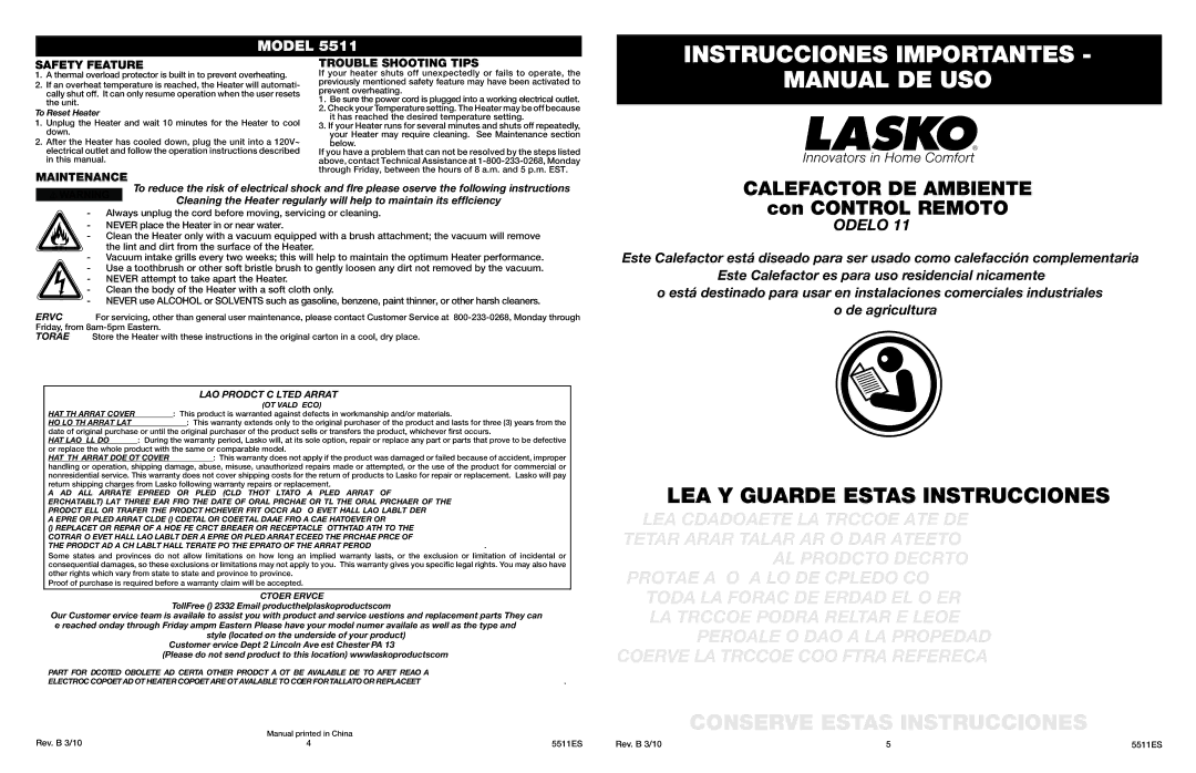 Lasko 5511 manual Instrucciones Importantes Manual DE USO, Safety Feature Trouble Shooting Tips, Maintenance 