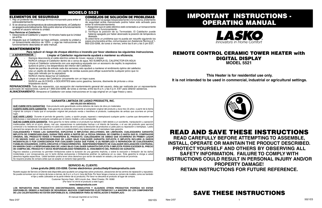 Lasko 5521 manual Elementos DE Seguridad, Consejos DE Solución DE Problemas, Mantenimiento, Servicio AL Cliente 