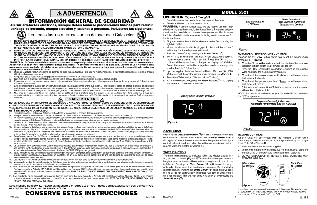 Lasko 5521 manual Oscillation, Timer Function, Automatic Temperature Control, Remote Control 