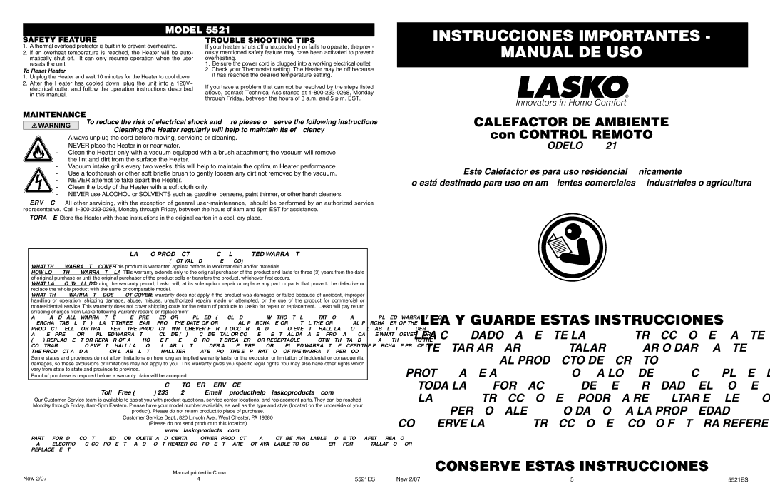 Lasko 5521 Safety Feature Trouble Shooting Tips, Maintenance, Lasko PRODUCTS, INC. Limited Warranty, Customer Service 