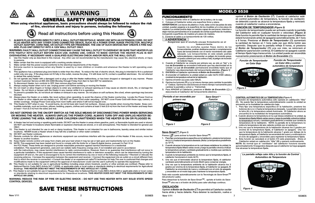 Lasko 5538 manual General Safety Information, Funcionamiento, Save-Smart Figura, Función DE Temporizador Figura, Oscilación 