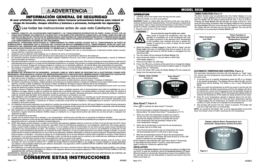 Lasko 5538 manual Información General DE Seguridad, Operation, Oscillation 