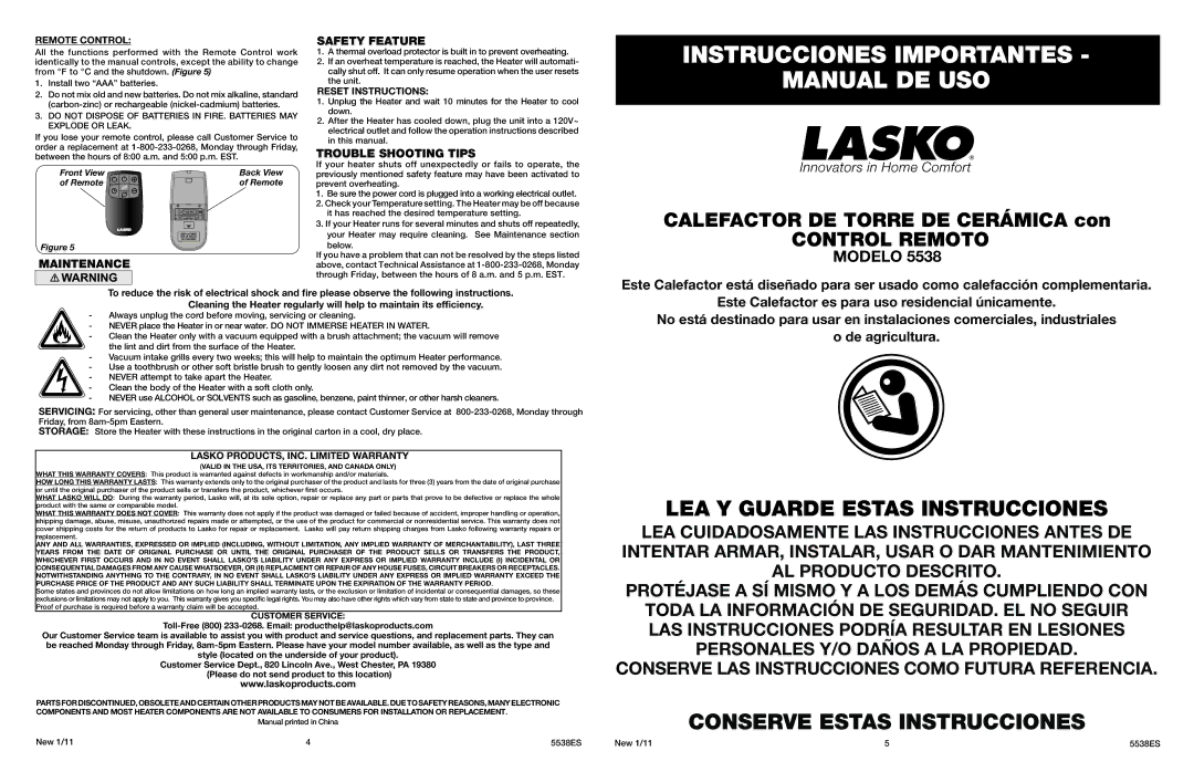 Lasko 5538 manual Maintenance Safety Feature, Trouble Shooting Tips, Remote Control, Reset Instructions 