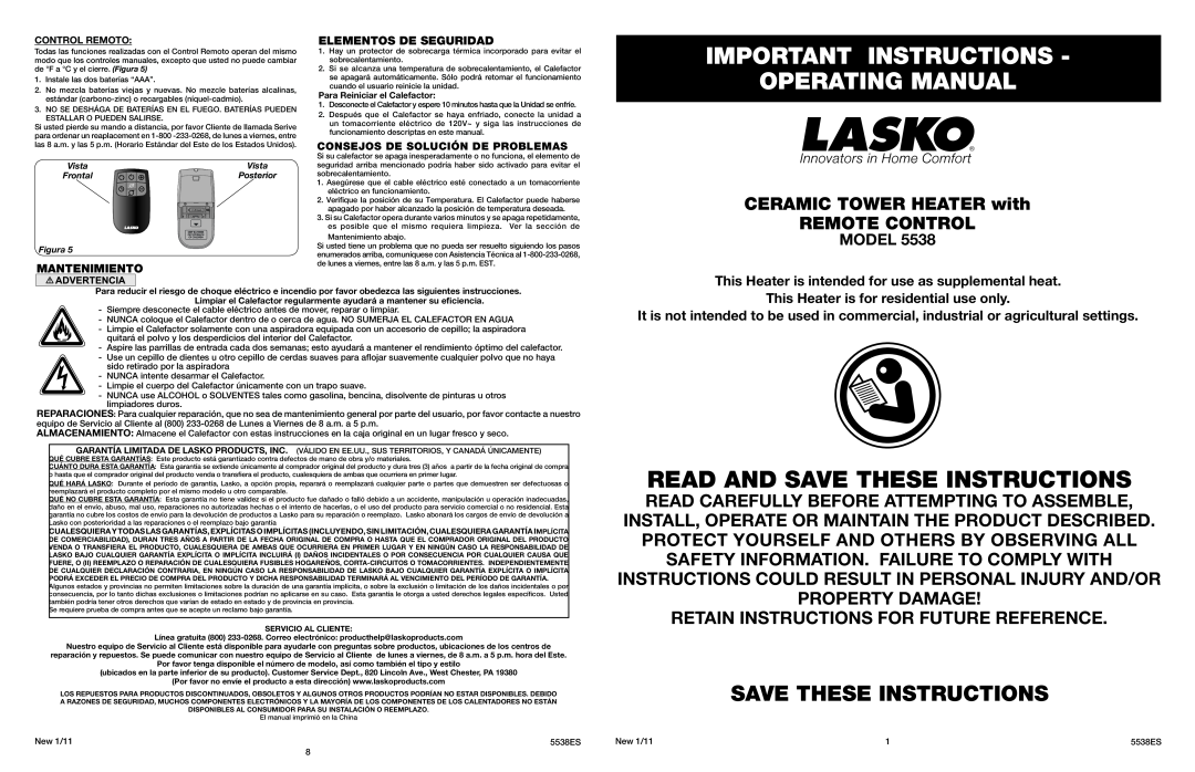 Lasko 5538 manual Important Instructions Operating Manual, Read And Save These Instructions, Model, Control Remoto 