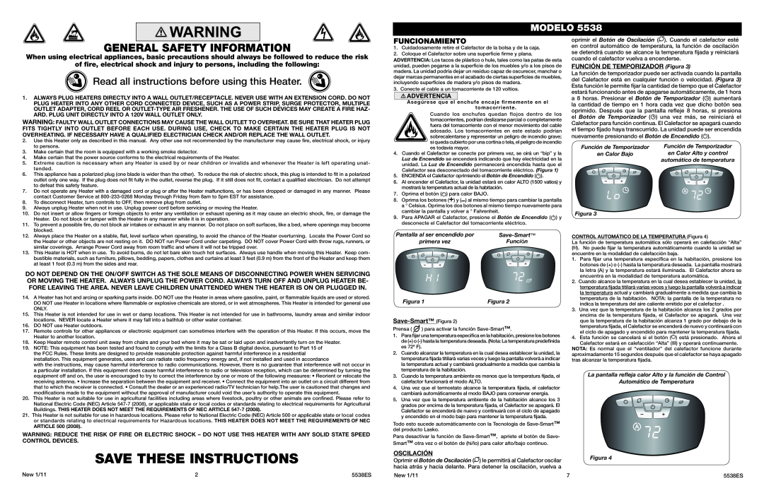 Lasko 5538 Save These Instructions, General Safety Information, Read all instructions before using this Heater, Modelo 
