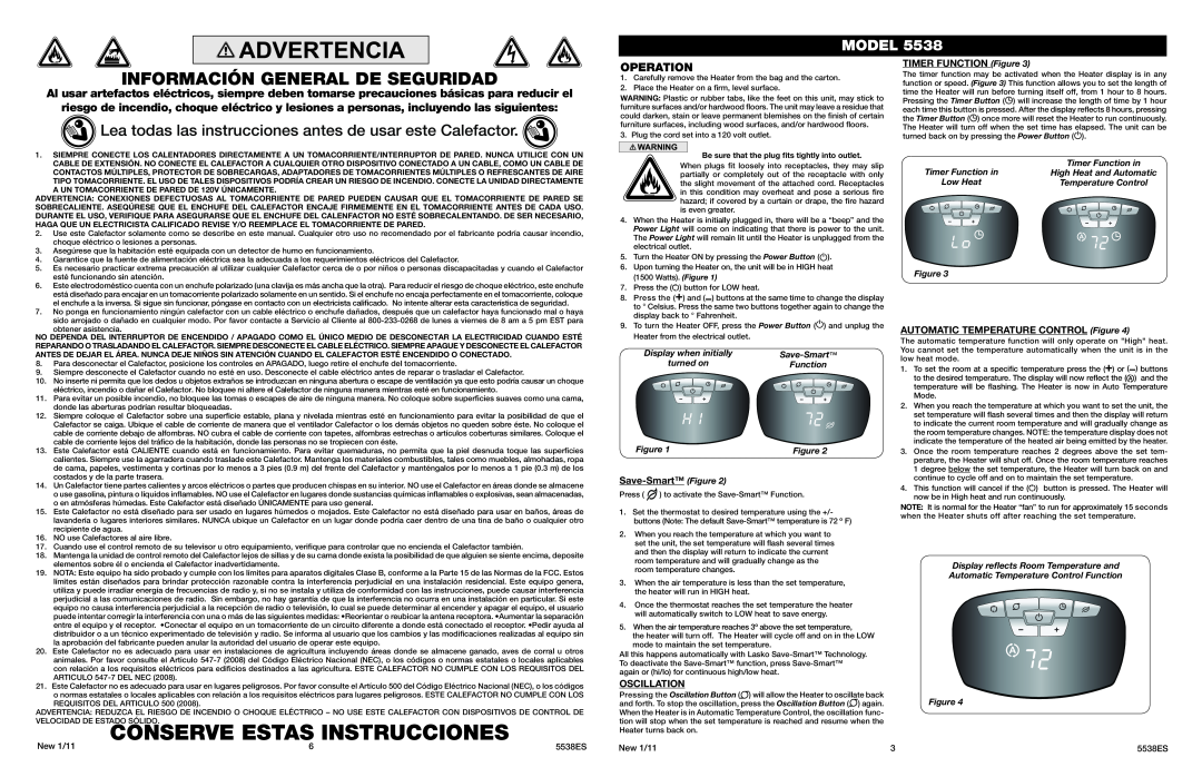 Lasko 5538 manual Conserve Estas Instrucciones, Información General De Seguridad, Model 