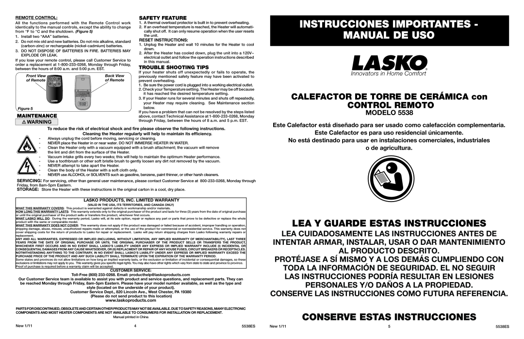 Lasko 5538 manual Instrucciones Importantes Manual De Uso, Lea Y Guarde Estas Instrucciones, Conserve Estas Instrucciones 