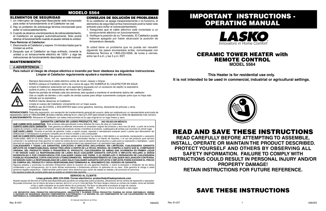 Lasko 5564 manual Important Instructions, Operating Manual, Elementos DE Seguridad, Consejos DE Solución DE Problemas 