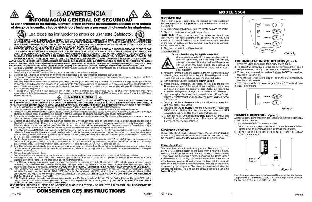 Lasko 5564 manual Operation, Thermostat Instructions Figure, Remote Control Figure 