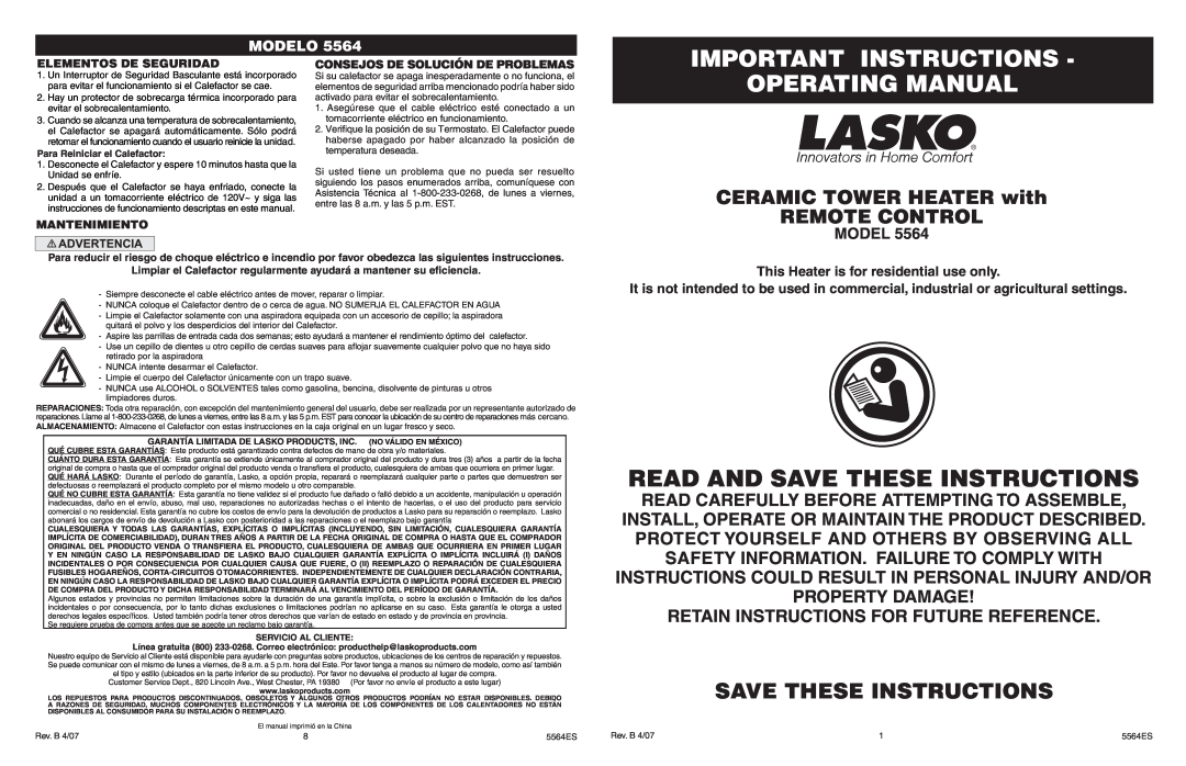 Lasko 5564 manual Important Instructions, Operating Manual, Read And Save These Instructions, Modelo 