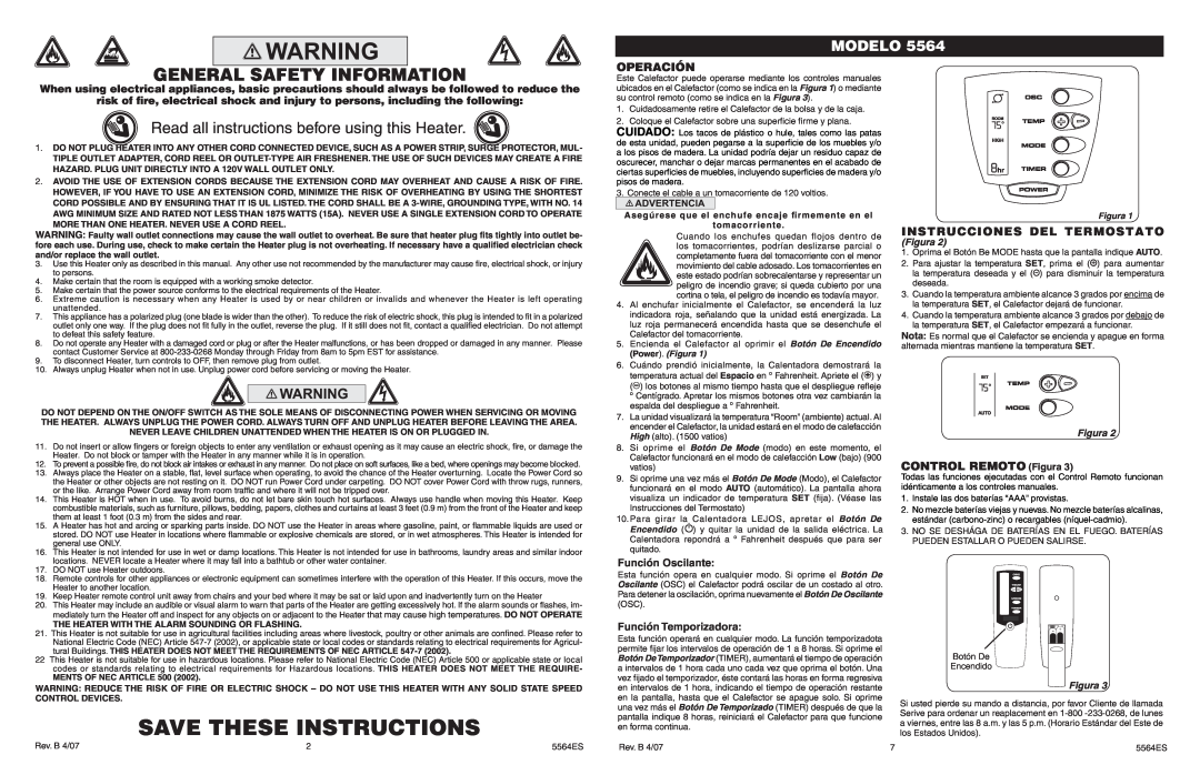 Lasko 5564 Save These Instructions, Read all instructions before using this Heater, Modelo, Operación, Función Oscilante 